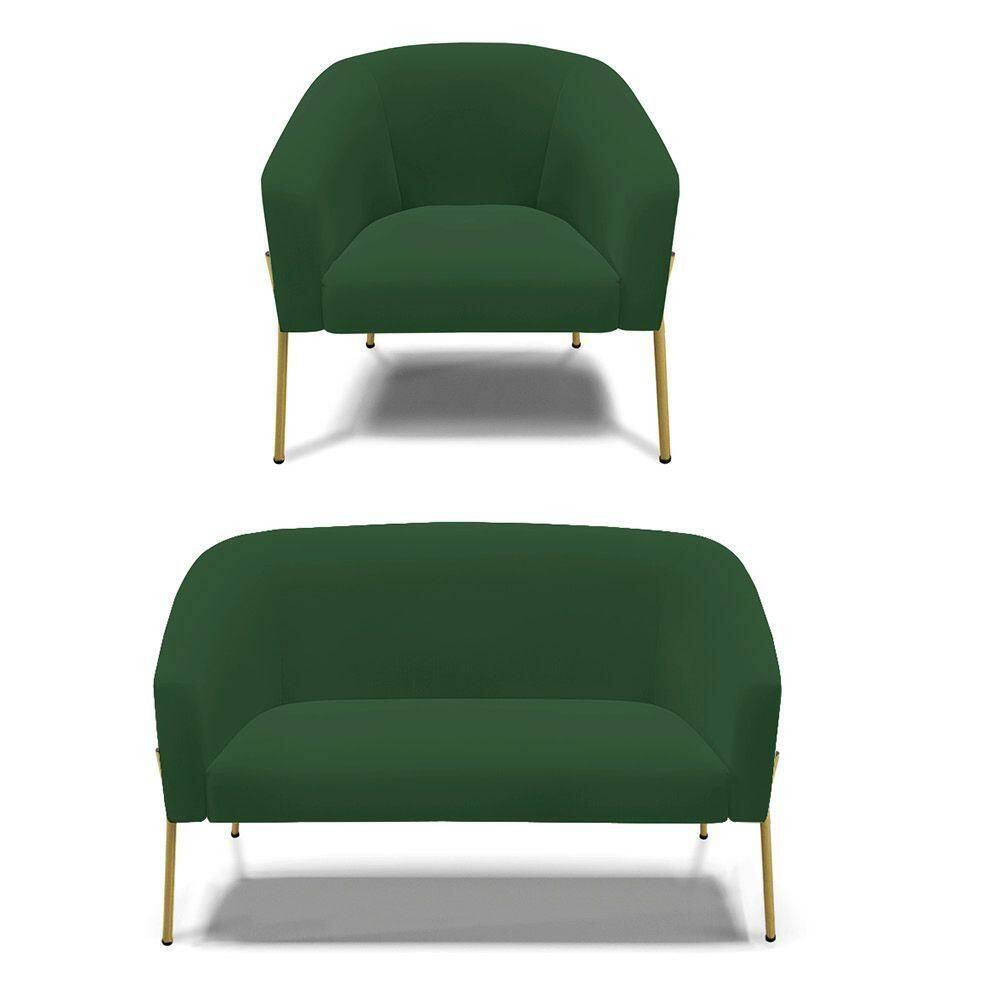 Sofá Namoradeira E Poltrona Pé De Ferro Dourado Stella Veludo D03 - D`rossi Cor Verde