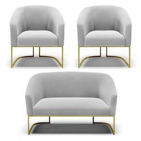 Namoradeira E 2 Poltronas Base Industrial Dourado Stella Suede D03 - D`rossi Cor Cinza