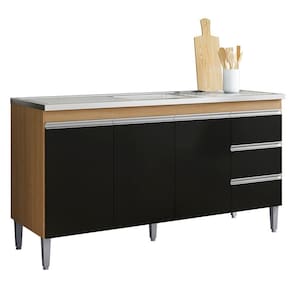Balcão De Cozinha Com Pia Inox 150cm 3 Gavetas Andréia Amêndoa Preto