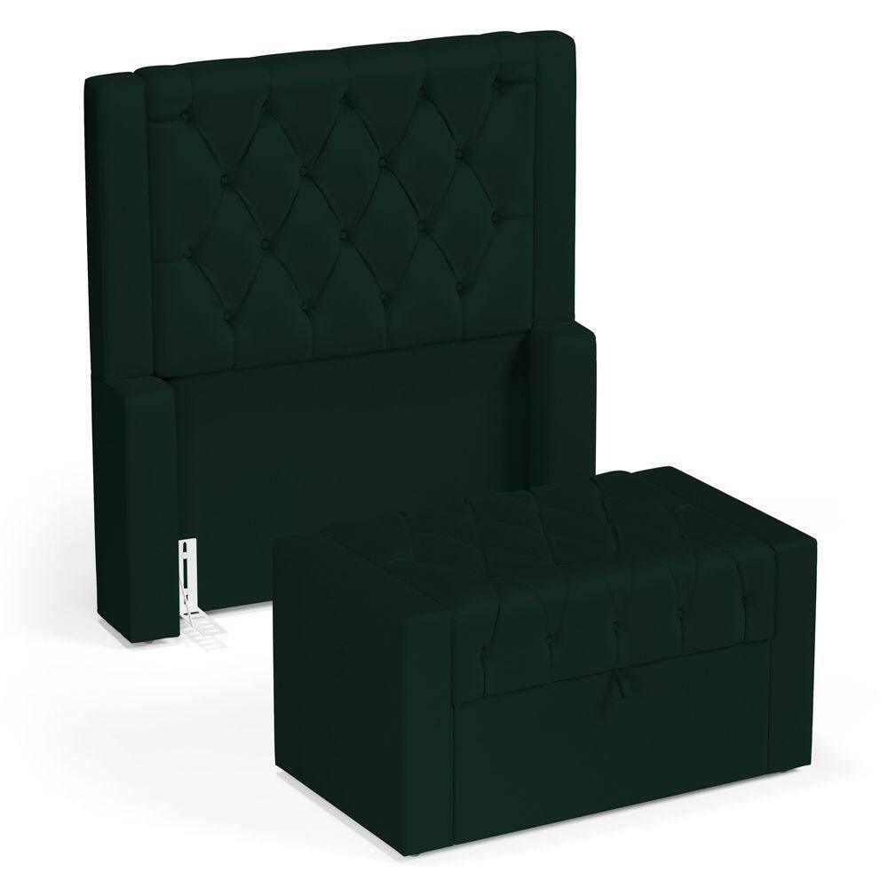 Cabeceira E Calçadeira Báu Solteiro Atena 90cm Capitonê Veludo Verde Escuro - Desk Design
