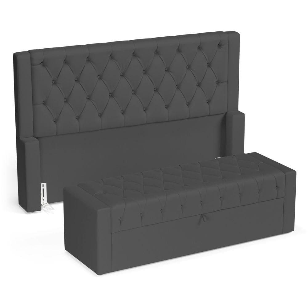 Cabeceira E Calçadeira Báu Queen Size Atena 160cm Capitonê Suede Cinza - Desk Design