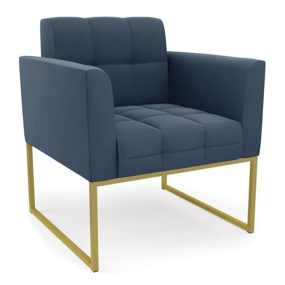 Poltrona Elisa Suede Azul Marinho Base Metálica Industrial Dourada - D`rossi
