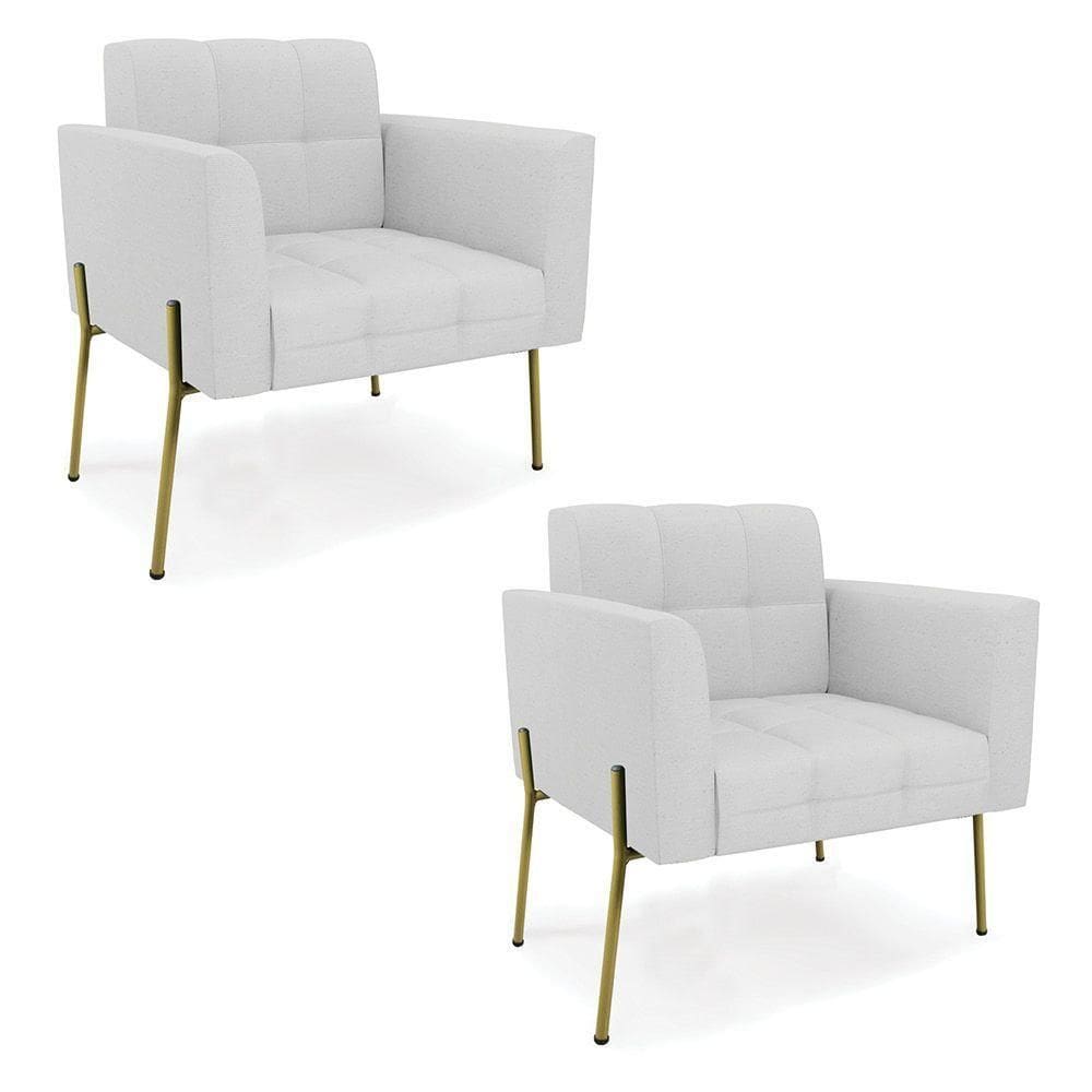Poltrona Pé De Ferro Dourado Para Sala Kit 2 Elisa Linho Cinza A05 D03 - D`rossi