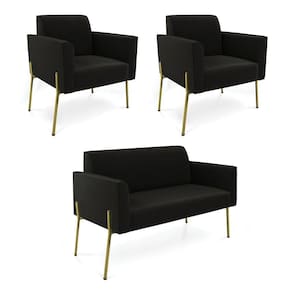 Sofá Namoradeira E 2 Poltronas Pé De Ferro Dourado Marisa Suede D03 Preto