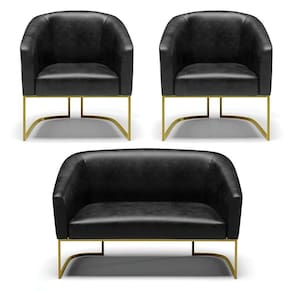 Sofá Namoradeira E 2 Poltronas Base Industrial Dourado Stella Corano D03 - D`rossi Cor Preto