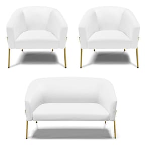 Sofá Namoradeira E 2 Poltronas Pé De Ferro Dourado Stella Corino D03 - D`rossi Cor Branco