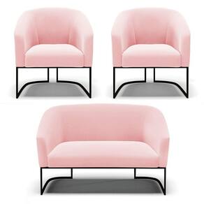 Sofá Namoradeira E 2 Poltronas Base Industrial Preto Stella Suede D03 - D`rossi Cor Rosa Bebê