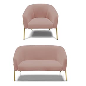 Sofá Namoradeira E Poltrona Pé De Ferro Dourado Stella Veludo D03 - D`rossi Cor Rose