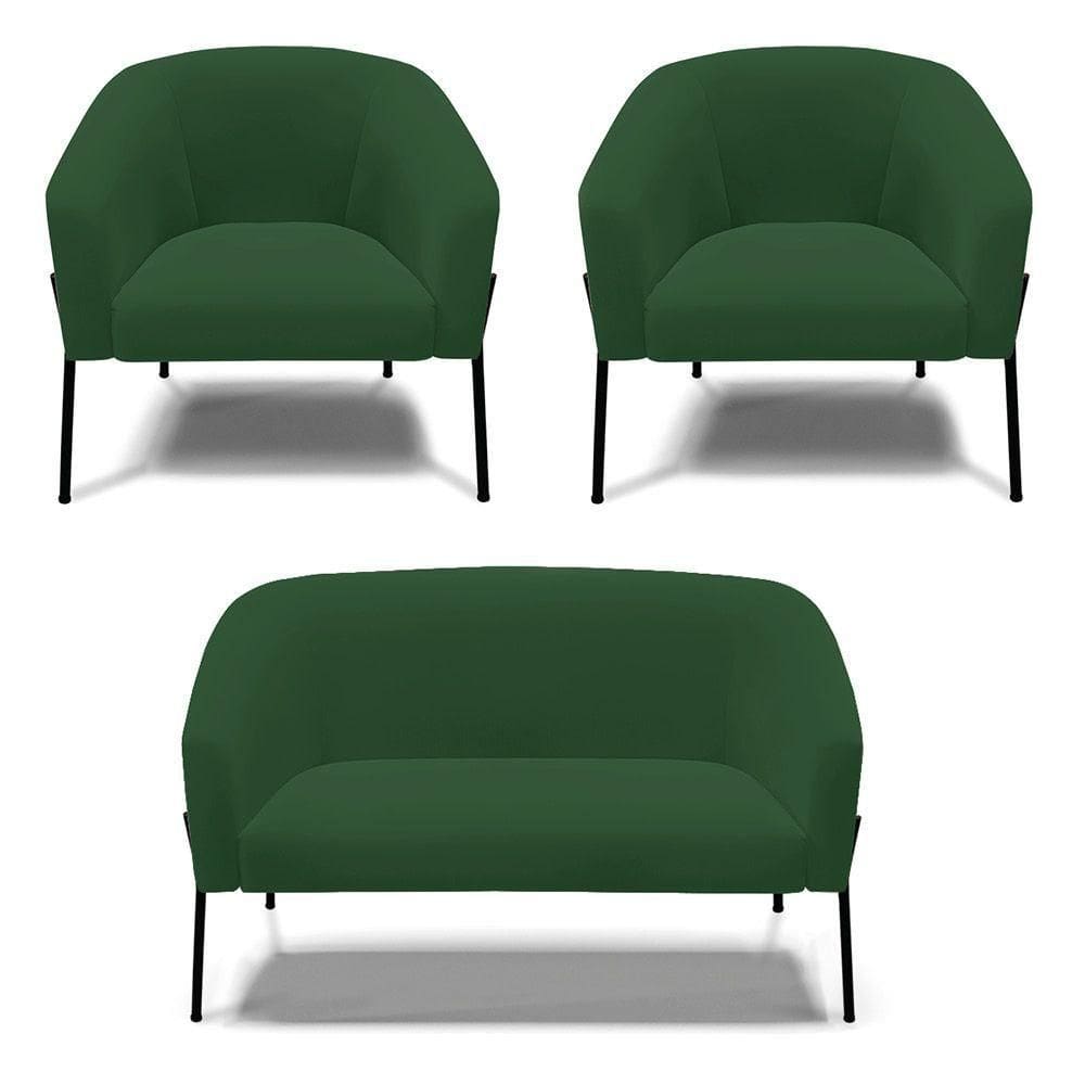 Sofá Namoradeira E 2 Poltronas Pé De Ferro Preto Stella Veludo Verde D03 - D`rossi