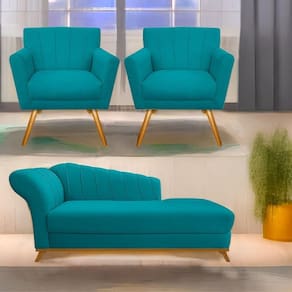 Kit Diva Recamier Vanessa 160Cm Lado Direito E 02 Poltronas Laura Suede Cor Azulturquesa