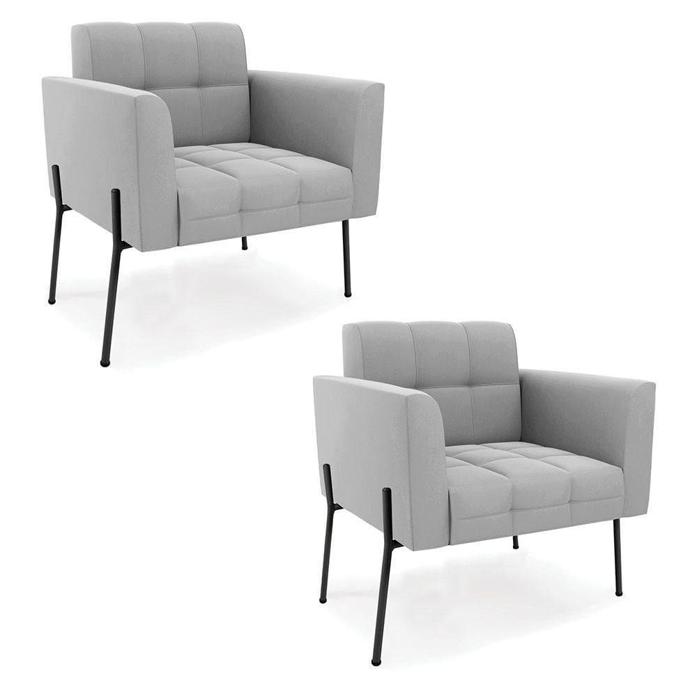 Poltrona Pé De Ferro Preto Para Sala Kit 2 Elisa Suede Cinza D03 - D`rossi