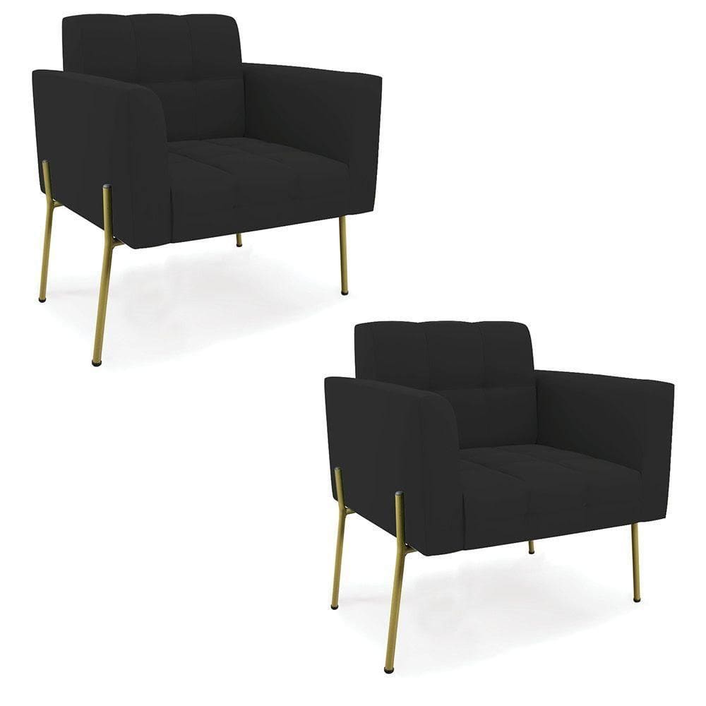 Poltrona Pé De Ferro Dourado Para Sala Kit 2 Elisa Veludo D03 - D`rossi Cor Preto