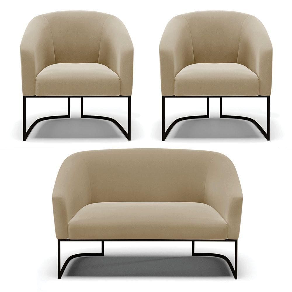 Sofá Namoradeira E 2 Poltronas Base Industrial Preto Stella Sued Marrom Rato D03 - D`rossi