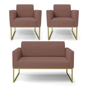 Sofá Namoradeira Com 2 Poltronas Base Industrial Dourado Marisa Veludo Rosê D03 - D`rossi