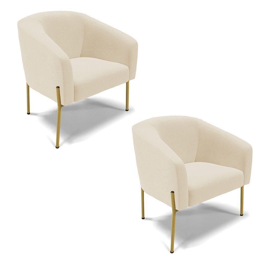 Poltrona Pé De Ferro Dourado Kit 2 Stella Linho Bege A19 D03 - D`rossi
