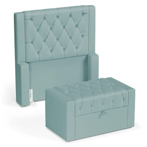 Cabeceira E Calçadeira Báu Solteiro Atena 90cm Capitonê Veludo Acqua - Desk Design