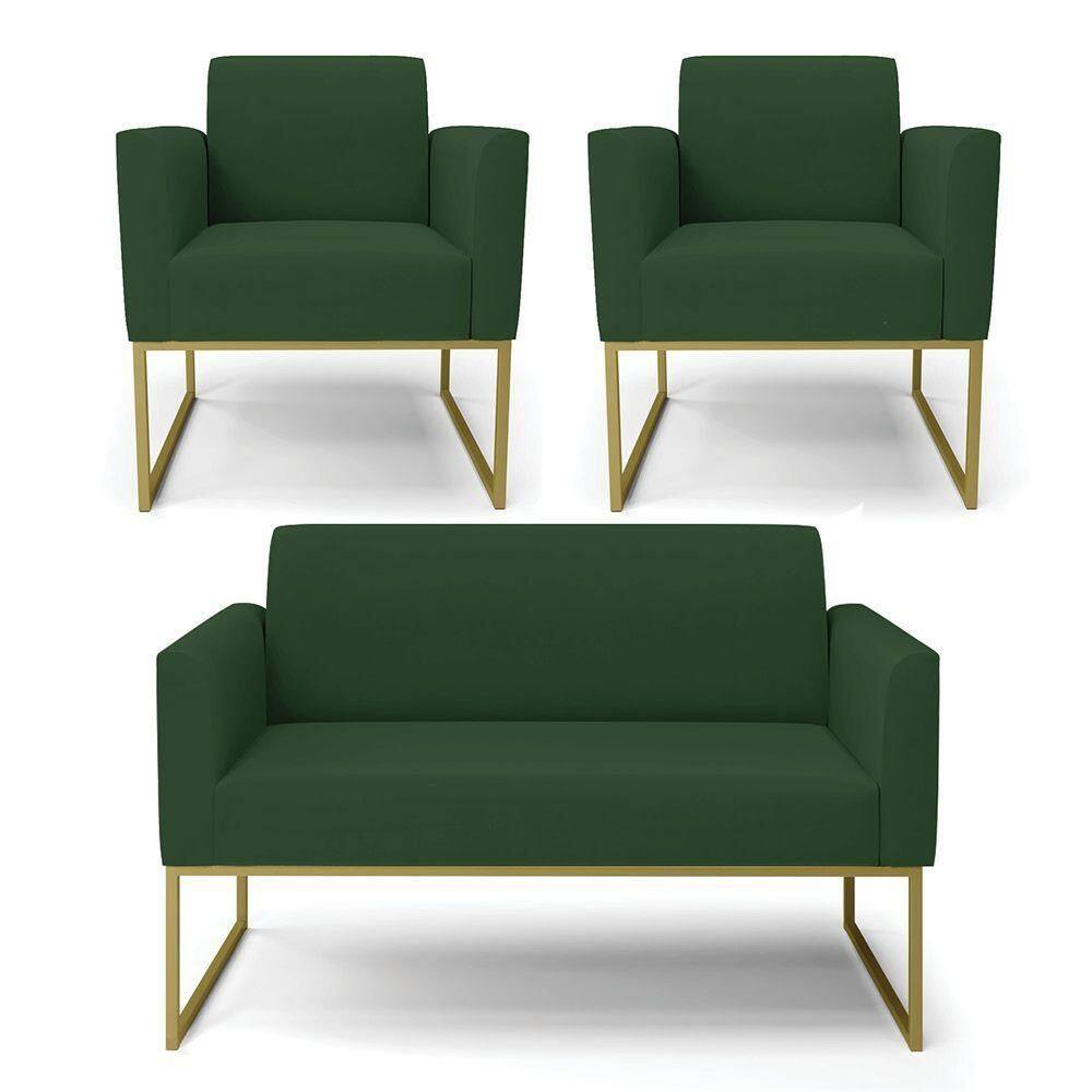 Sofá Namoradeira Com 2 Poltronas Base Industrial Dourado Marisa Veludo Verde D03 - D`rossi