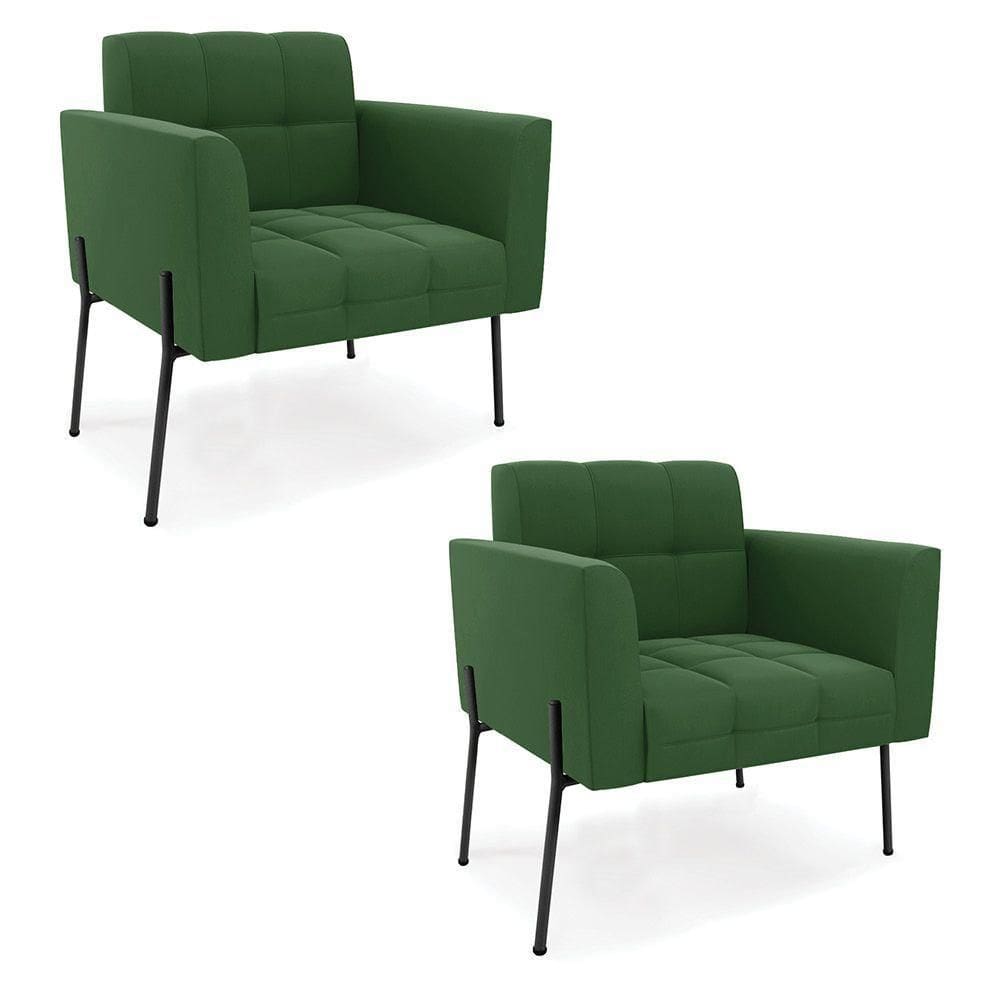 Poltrona Pé De Ferro Preto Para Sala Kit 2 Elisa Suede Verde D03 - D`rossi