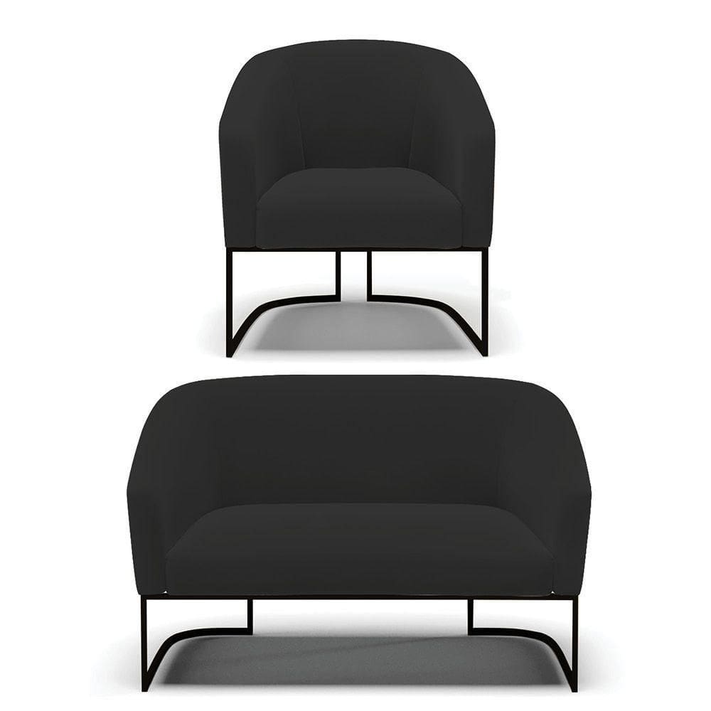 Sofá Namoradeira E Poltrona Base Industrial Preto Stella Veludo Preto D03 - D`rossi