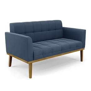 Sofá Namoradeira 2 Lugares Base De Madeira Castanho Elisa Suede D03 - Drossi Cor Azul Marinho