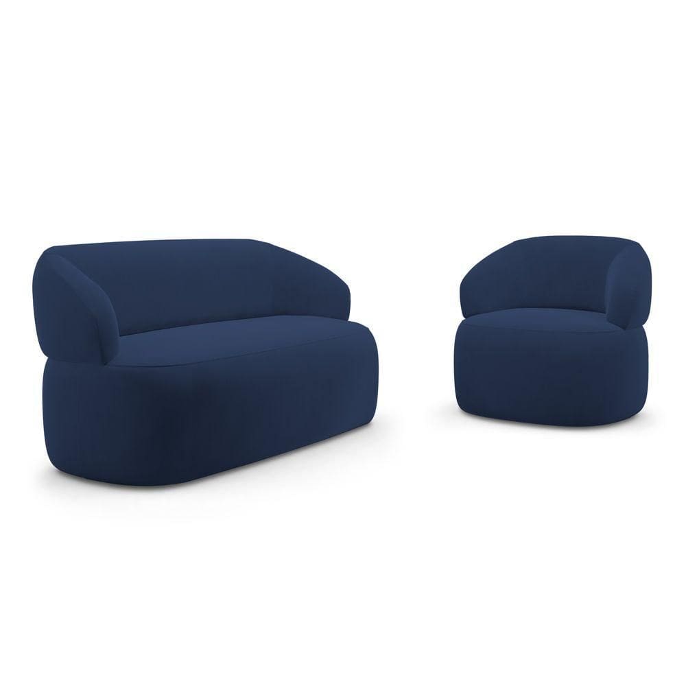 Kit Poltrona Giratória E Sofá Orgânico Living Glee 02 Lugares 140cm Veludo Azul Marinho Desk Design