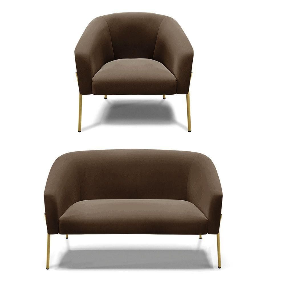 Sofá Namoradeira E Poltrona Pé De Ferro Dourado Stella Suede Marrom D03 - D`rossi