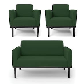 Sofá Namoradeira Com 2 Poltronas Base De Madeira Fixa Preto Marisa Veludo D03 - D`Rossi Verde
