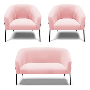 Sofá Namoradeira E 2 Poltronas Pé De Ferro Preto Stella Suede D03 - D`rossi Cor Rosa Bebê
