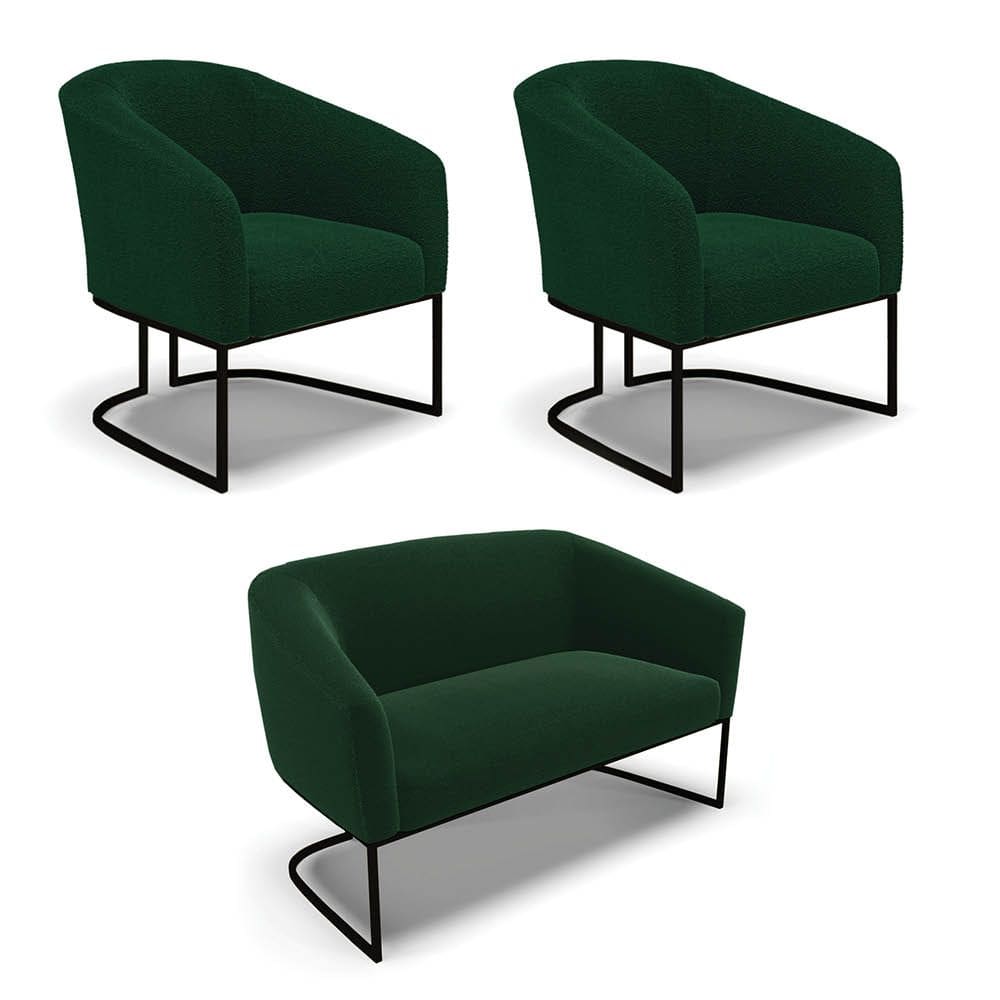 Sofá Namoradeira e 2 Poltronas Industrial Pto Stella Bouclê Verde D03 - D`Rossi
