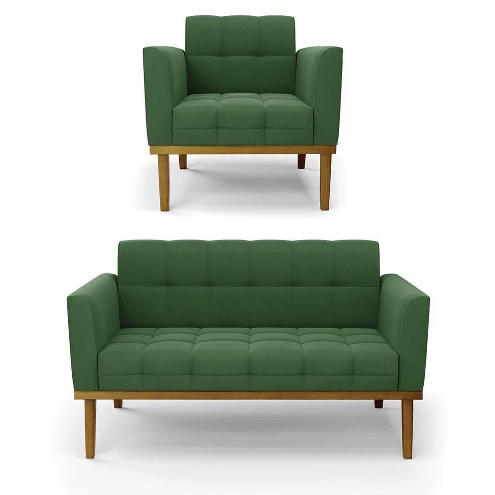 Namoradeira E Poltrona Base De Madeira Castanho Elisa Suede Verde D03 - D`rossi
