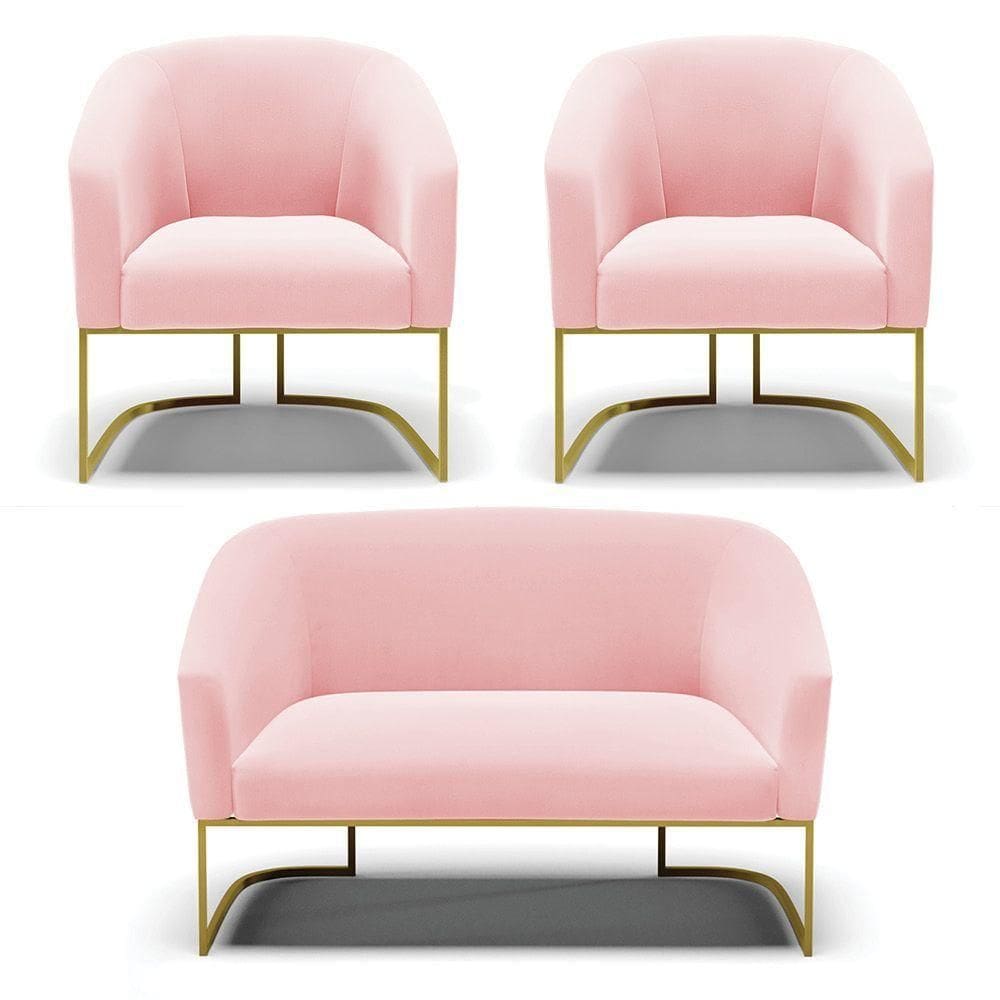 Namoradeira E 2 Poltronas Base Industrial Dourado Stella Suede D03 - D`rossi Cor Rosa Bebê