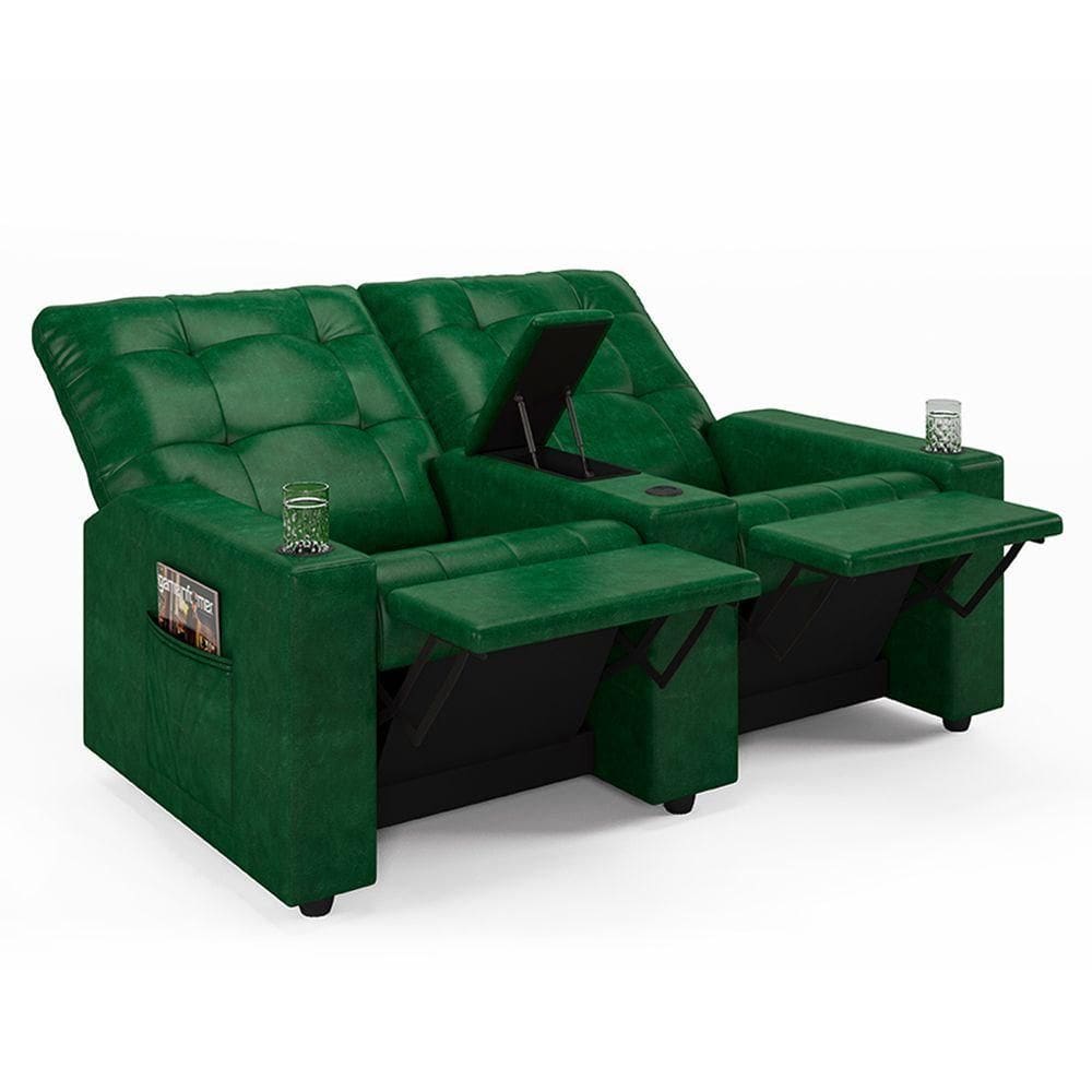 Poltrona Do Papai Reclinável Sala De Cinema 2 Lugares Manual Baú Usb Pu Verde Musgo