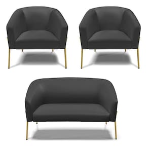 Sofá Namoradeira E 2 Poltronas Pé De Ferro Dourado Stella Corino D03 - D`rossi Cor Preto