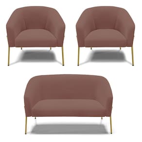 Sofá Namoradeira E 2 Poltronas Pé De Ferro Dourado Stella Veludo D03 - D`rossi Cor Rose