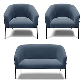 Sofá Namoradeira E 2 Poltronas Pé De Ferro Preto Stella Suede D03 - D`rossi Cor Azul Marinho