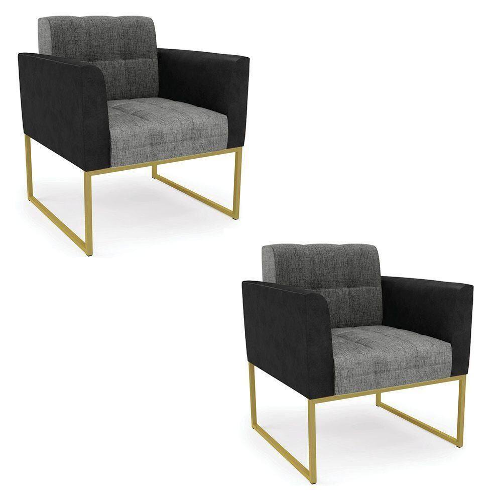 Poltrona Base Industrial Dourado Kit 2 Elisa Preto-linho Grafite A26 D03 - D`rossi