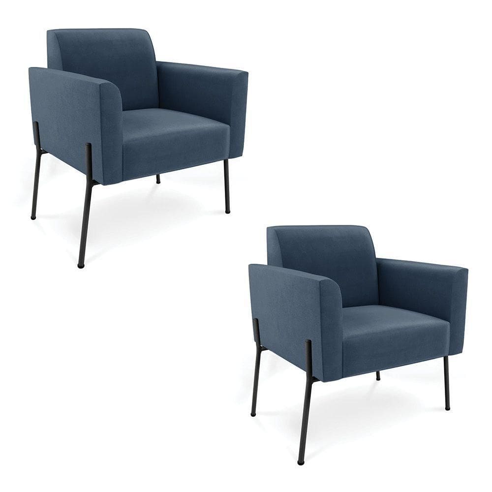 Poltrona Pé De Ferro Preto Para Sala Kit 2 Marisa Suede D03 - D`rossi Cor Azul Marinho