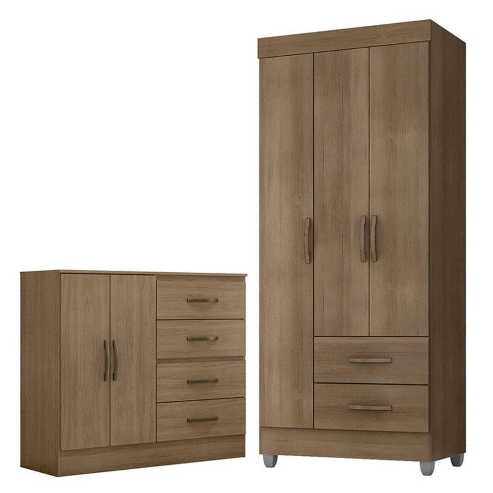 Guarda Roupa Solteiro 3 Portas e Cômoda 4 Gavetas e 2 Portas Lite Carvalho Oak - Móveis Leão