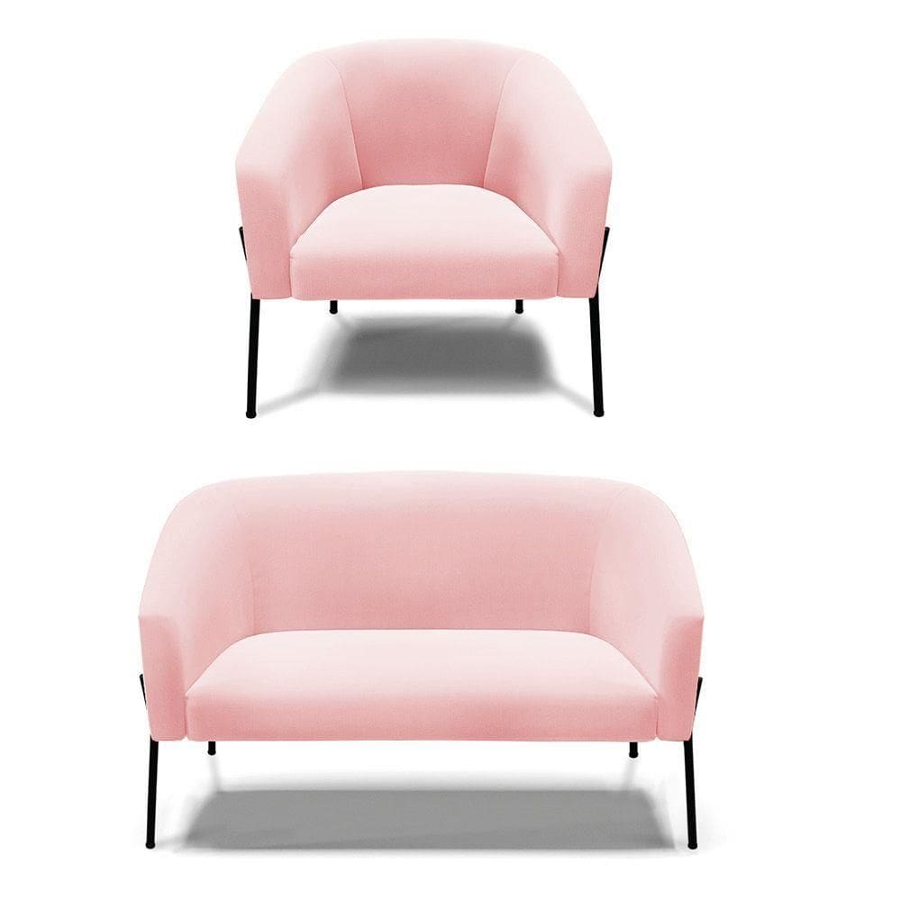 Sofá Namoradeira E Poltrona Pé De Ferro Preto Stella Suede Rosa Bebê D03 - D`rossi