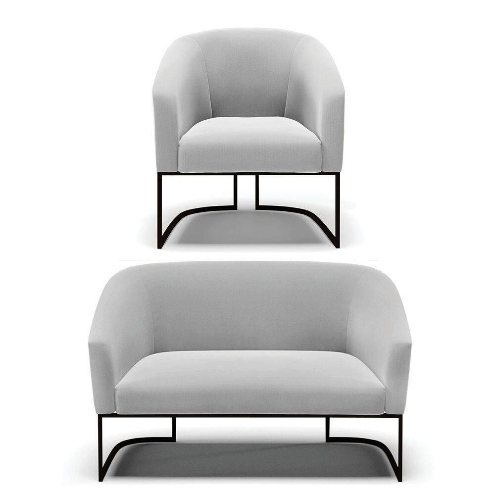 Sofá Namoradeira E Poltrona Base Industrial Preto Stella Suede Cinza D03 - D`rossi