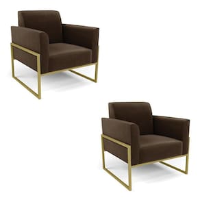 Kit 2 Poltronas Base Industrial Alta Dourado Marisa Suede Marrom D03 - D\`rossi