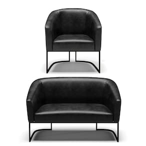 Sofá Namoradeira E Poltrona Base Industrial Preto Stella Corano Preto D03 - D`rossi