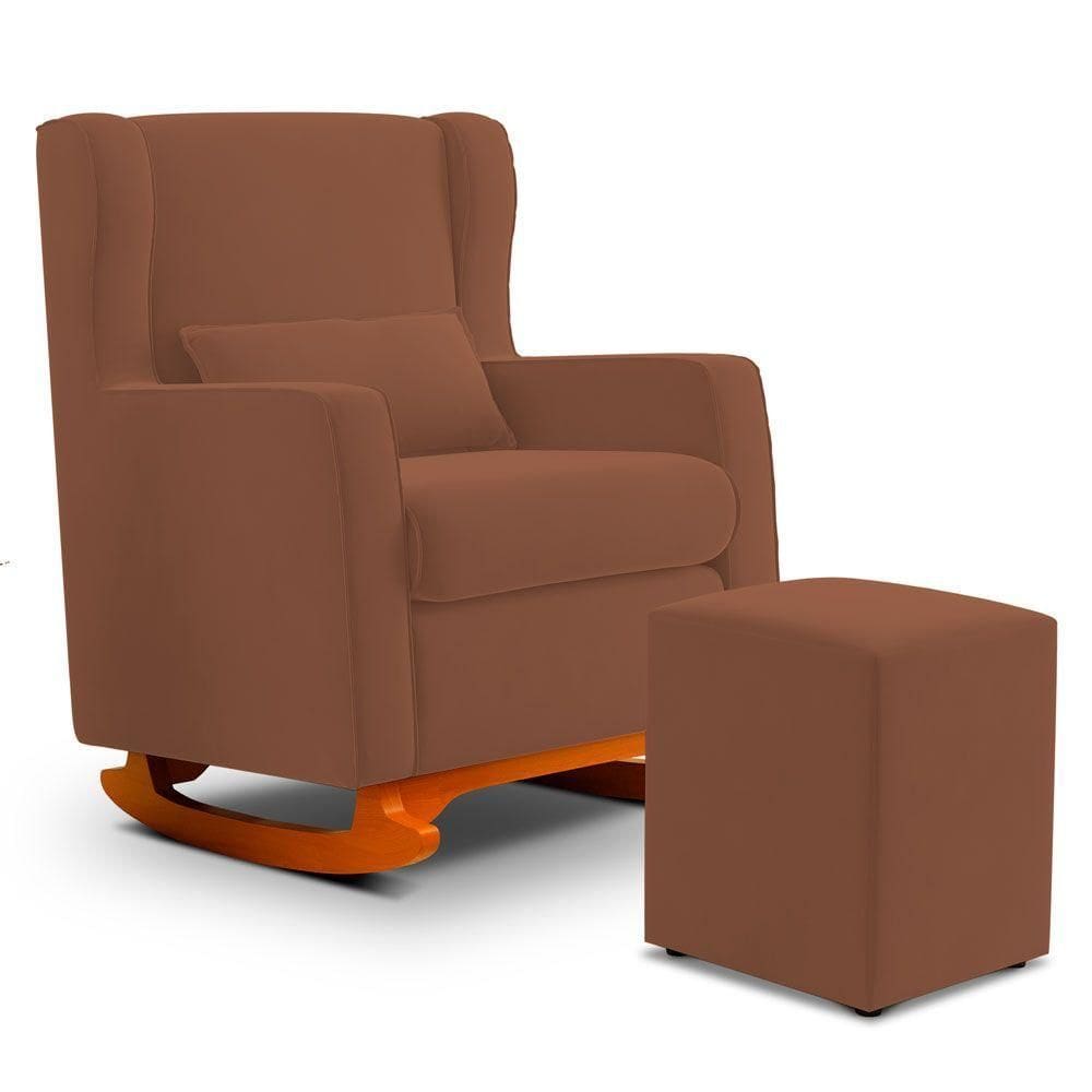 Poltrona De Amamentação E Descanso Zoe Com Base Balanço E Puff Veludo Terracota - Desk Design