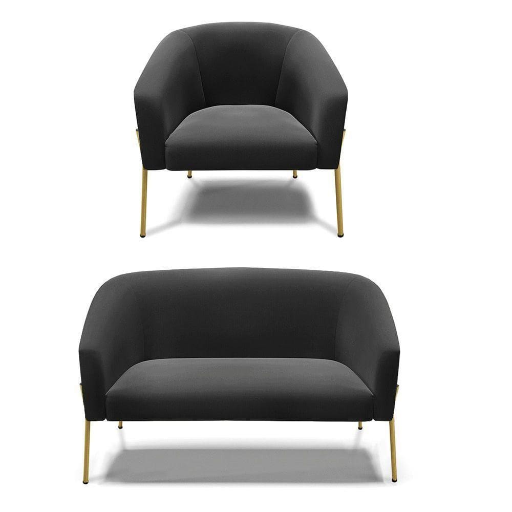 Sofá Namoradeira E Poltrona Pé De Ferro Dourado Stella Suede D03 - D`rossi Cor Preto