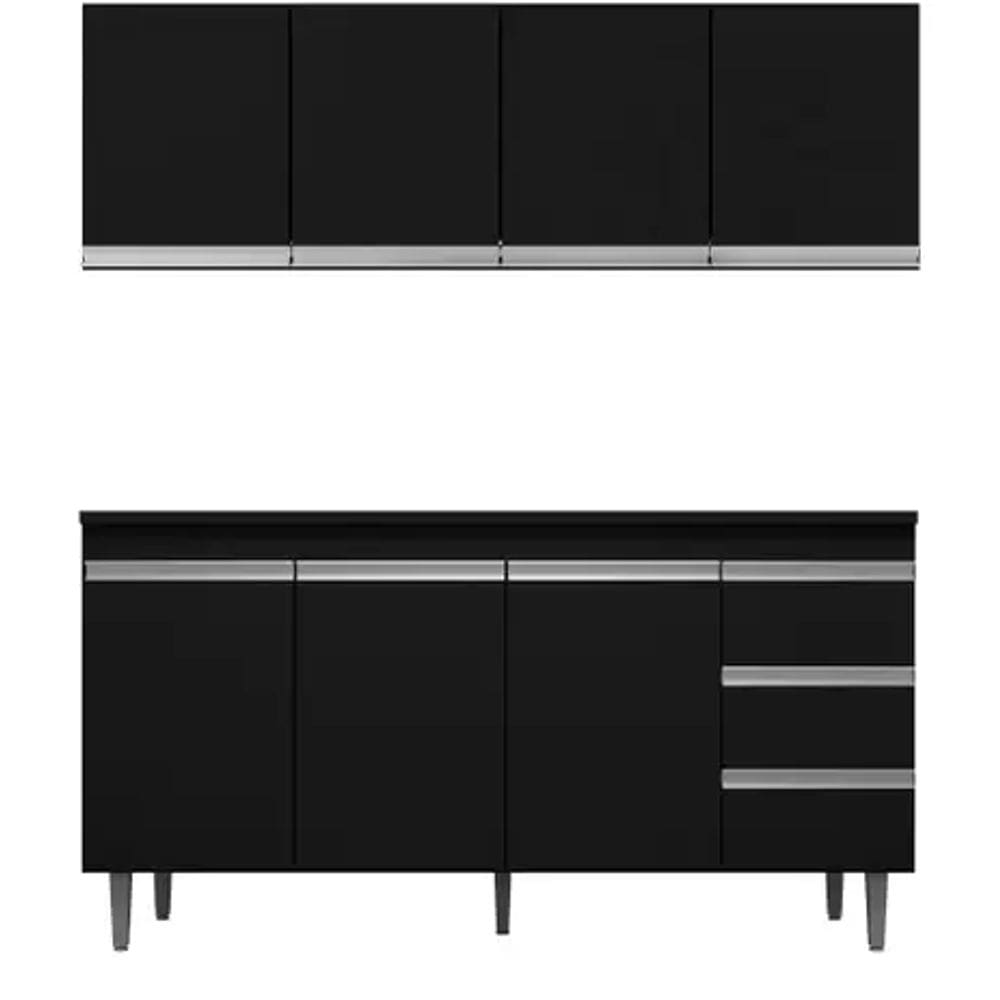 Kit Armário Aéreo e Balcão Andréia 150cm Preto S/ Tampo - AJL Móveis