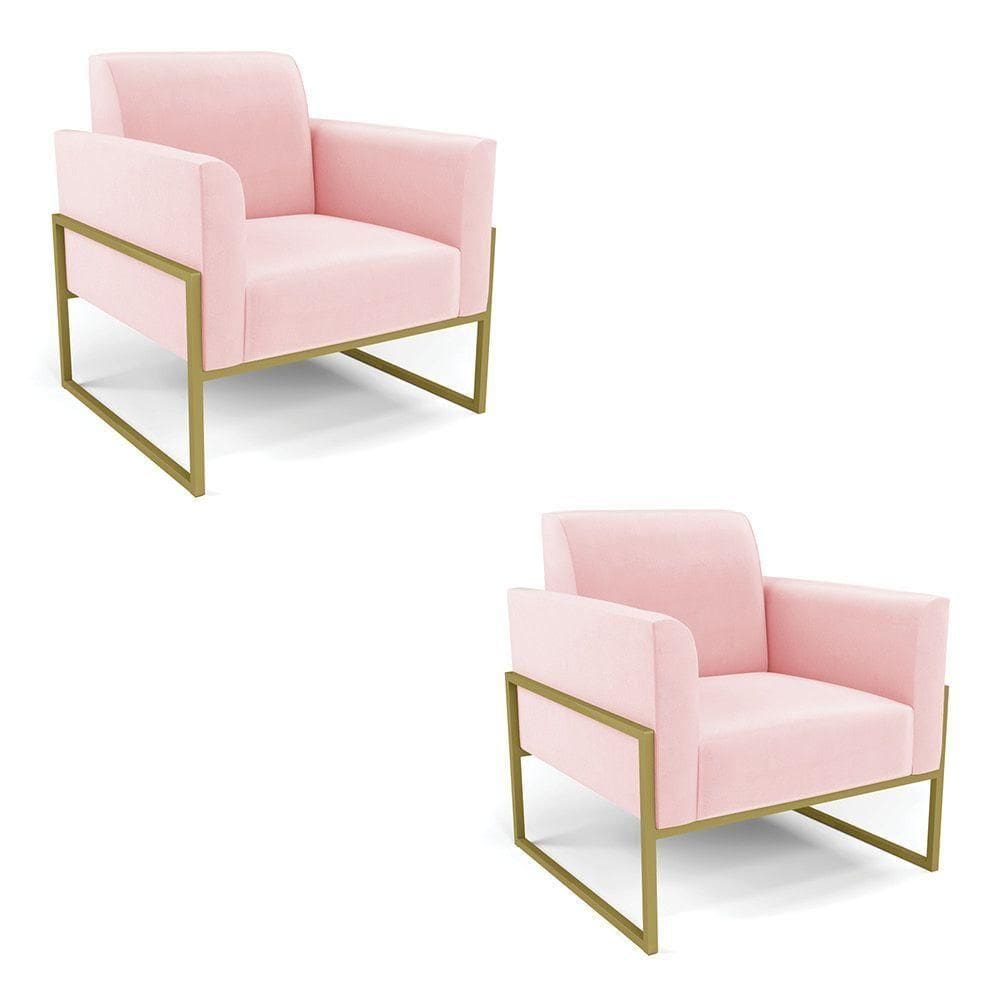 Kit 2 Poltronas Base Industrial Alta Dourado Marisa Suede Rosa Bebê D03 - D\`rossi