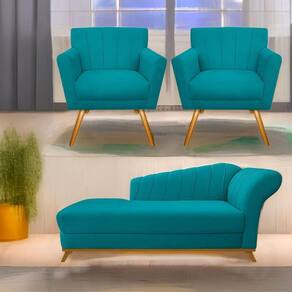 Kit Diva Recamier Vanessa 185Cm Lado Esquerdo E 02 Poltronas Laura Suede Cor Azulturquesa