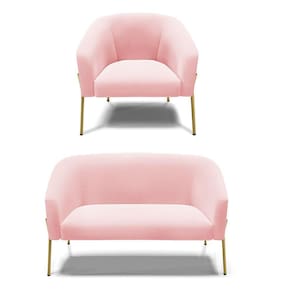 Sofá Namoradeira E Poltrona Pé De Ferro Dourado Stella Suede Rosa Bebê D03 - D`rossi