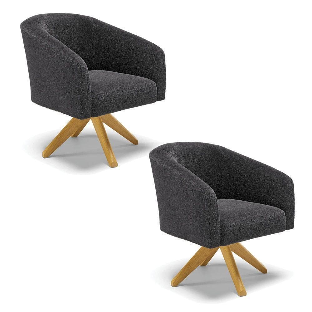 Kit 2 Poltronas Giratória Stella Bouclê Grafite Base De Madeira Ma30 - D`rossi