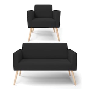 Sofá Namoradeira Com Poltrona Pés Palito Natural Marisa Veludo Preto D03 - D`rossi